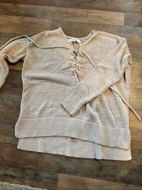 LOFT Beige Lace-Up V-Neck Sweater